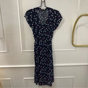 Mango Dark Blue Dress with Red and White Butterfly Pattern